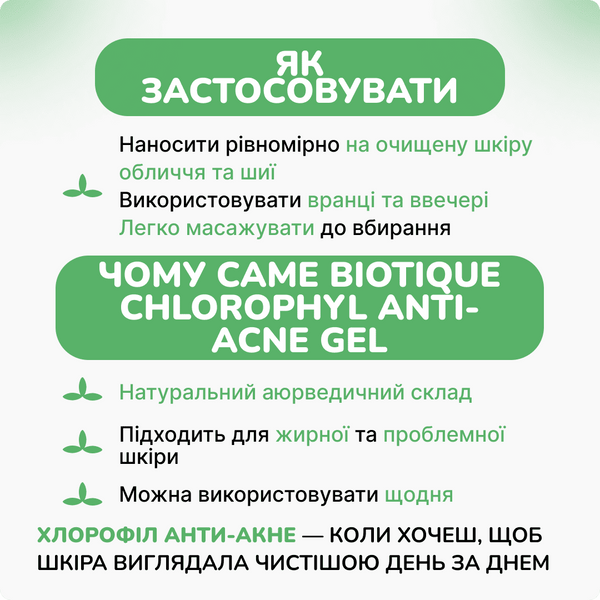 Биотик гель при акне Хлорофил, 50 гр, для жирной и проблемной кожи, Biotique Chlorophyl Anti-Acne Gel 2529291986 фото
