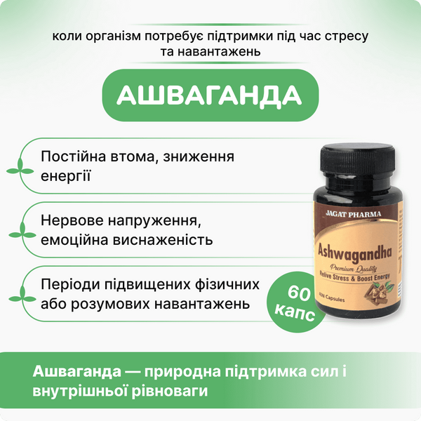 Ашваганда Джагат Фарма, 60 кап, тоник для нервной системы, для сна, от стресса, Ashwagandha Jagat Pharma 60N 1599634712 фото